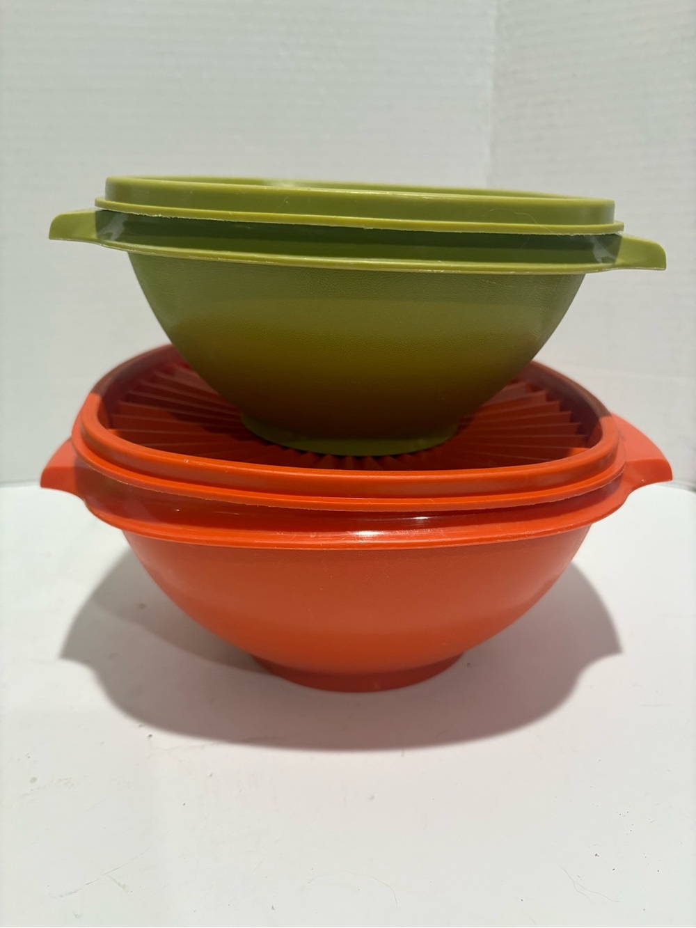 Stackable Olive Green and Orange Mixing Bowls with Lids - Tupperware